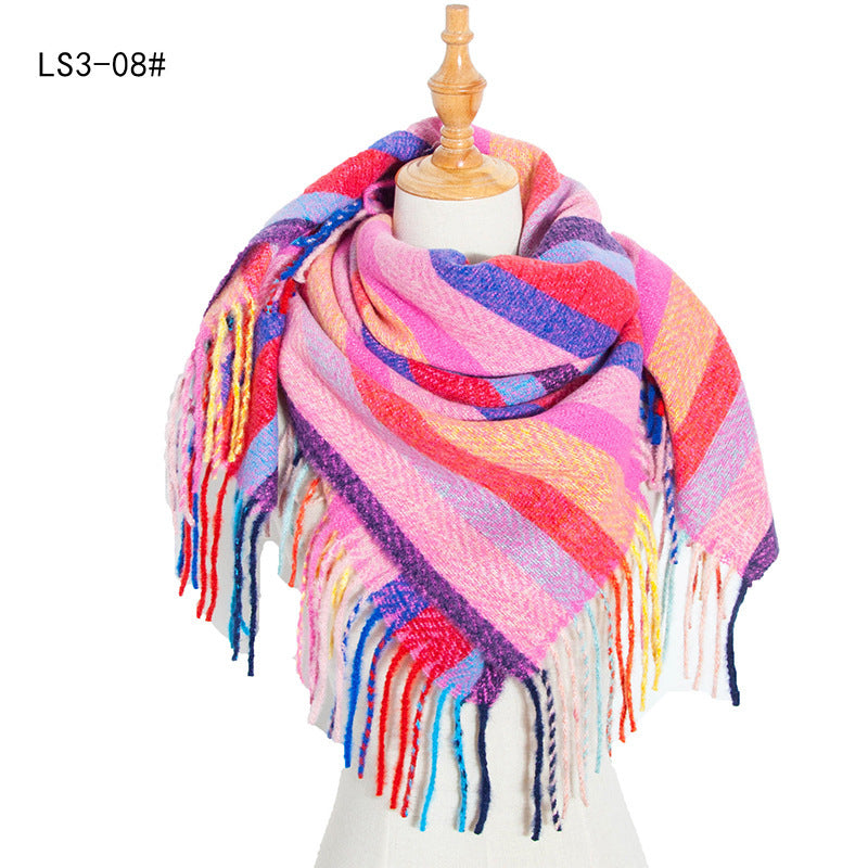 Yarn Stripe Grid Polyester Long Fringed Bristles Square Scarf Women Men's Bib Shawl