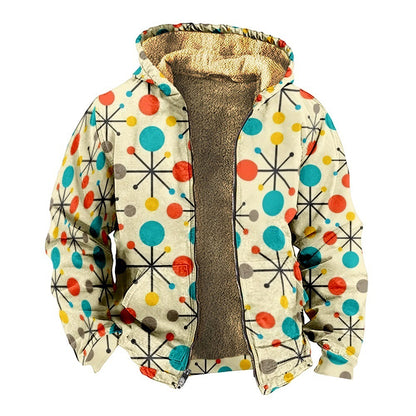 Retro Coconut Tree Element 3D Digital Printing Casual Loose-fitting Hoodie Zipped Cotton-padded Jacket Coat