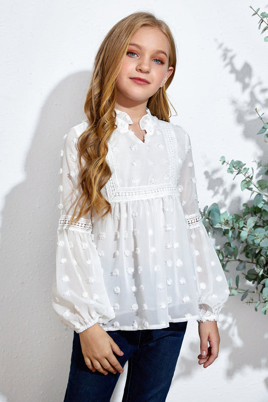 Girls Swiss Dot Spliced Lace Notched Blouse