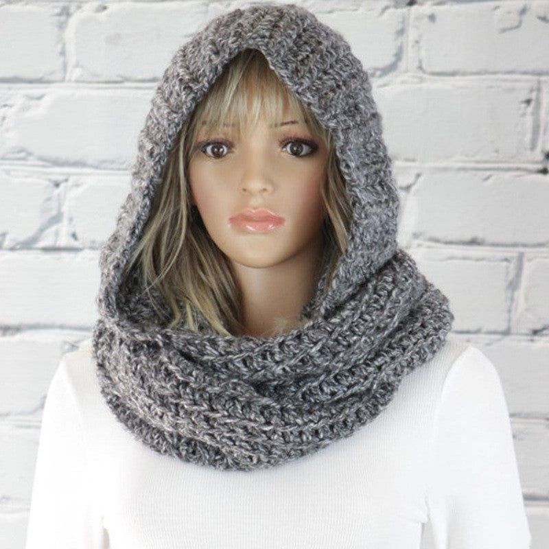 European And American Amazon Fashion Hooded Bib Women Pure Color Woolen Knitted Scarf