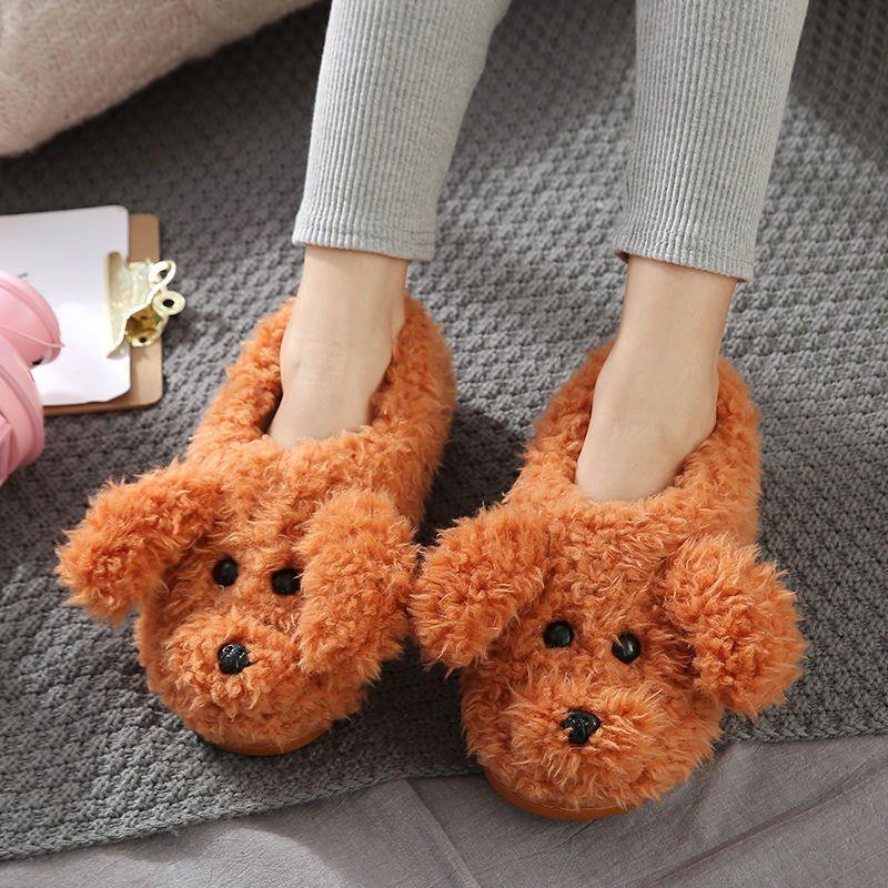 Comwarm Cute Dog Short Plush Slippers For Women Winter Warm Furry Cotton Shoes Couples Home Indoor Bedroom Cozy Slippers