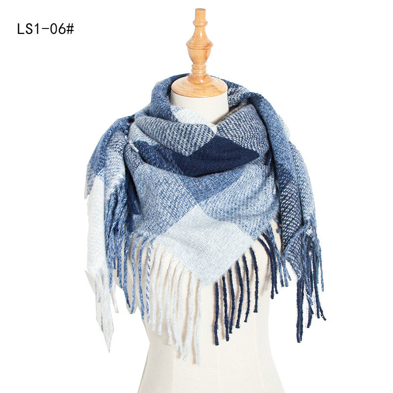 Yarn Stripe Grid Polyester Long Fringed Bristles Square Scarf Women Men's Bib Shawl