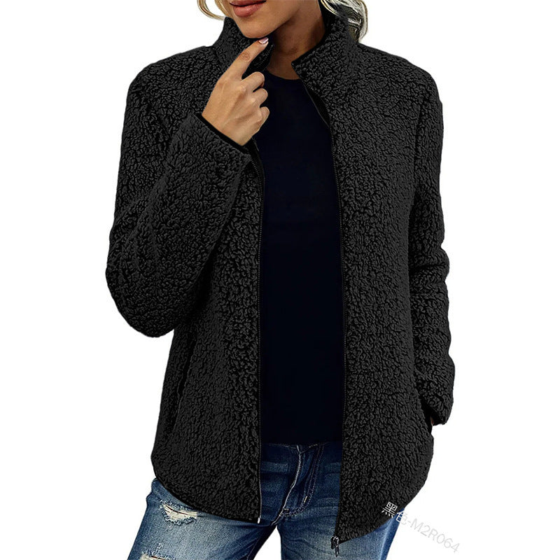 Stand Collar Solid Color Top Sweater Women's Casual Fashion Long Sleeve Zipper Bubble Velvet Coat