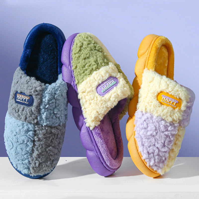 Color-matching Home Slippers Winter EVA Thick-soled Warm Plush Cotton Slippers Women Men Indoor Anti Slip House Shoes