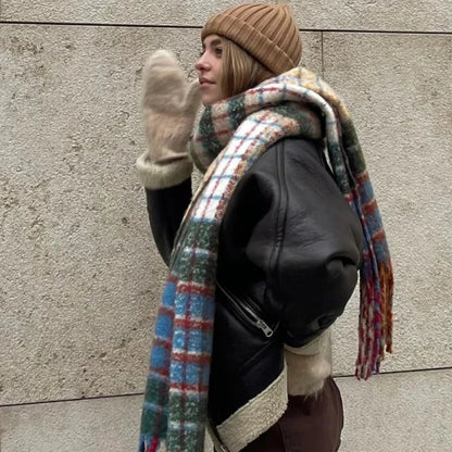 Women Winter Autumn Wool Scarf Rainbow Color England Plaid Student Warm Tassel Sweet Girls Pashmina Big Shawl