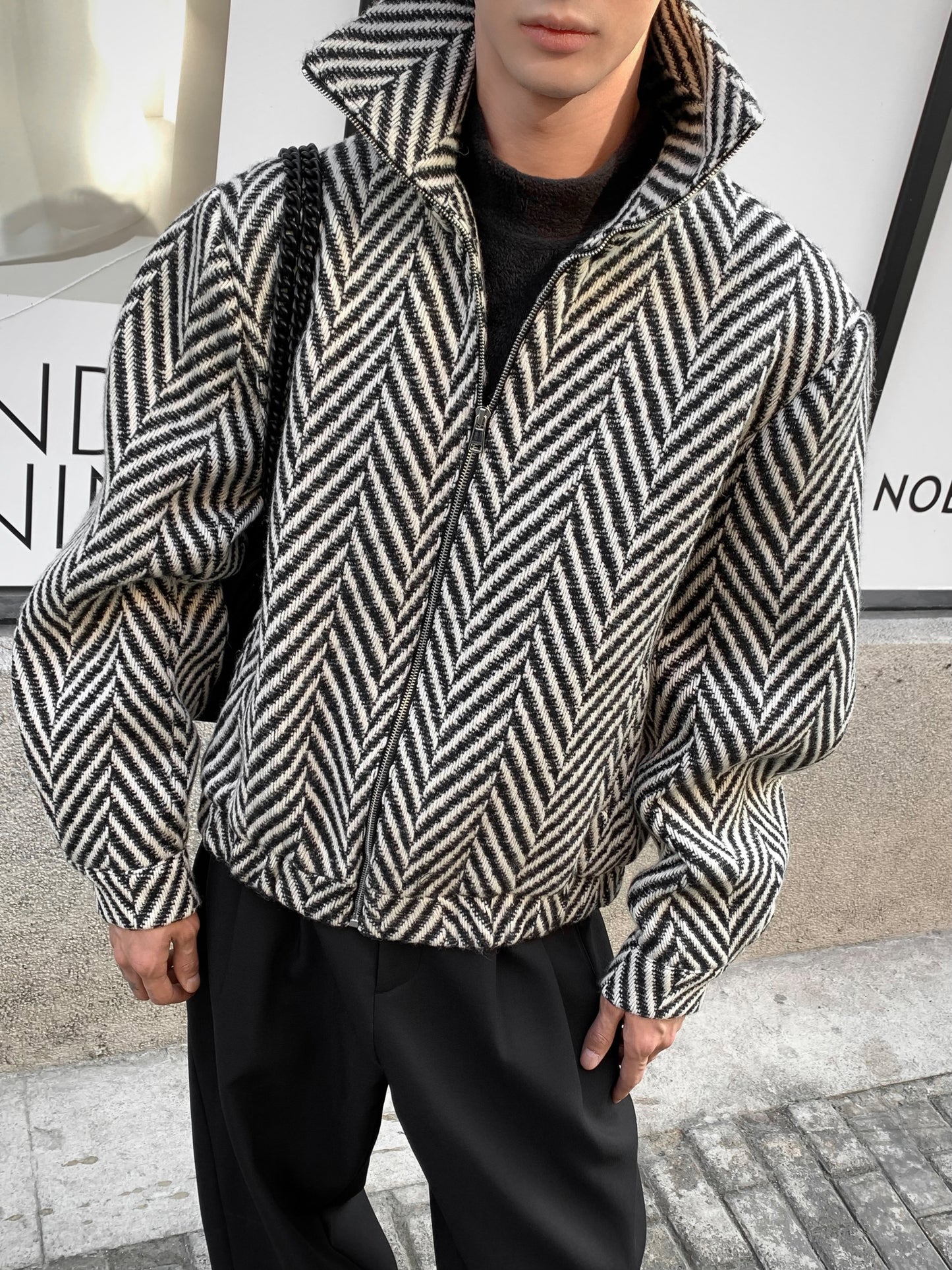 Mauroicardi Autumn Winter Warm Colorful Black and White Plaid Woolen Jacket Coat Men Zip Up Clothes Loose Casual Korean Fashion