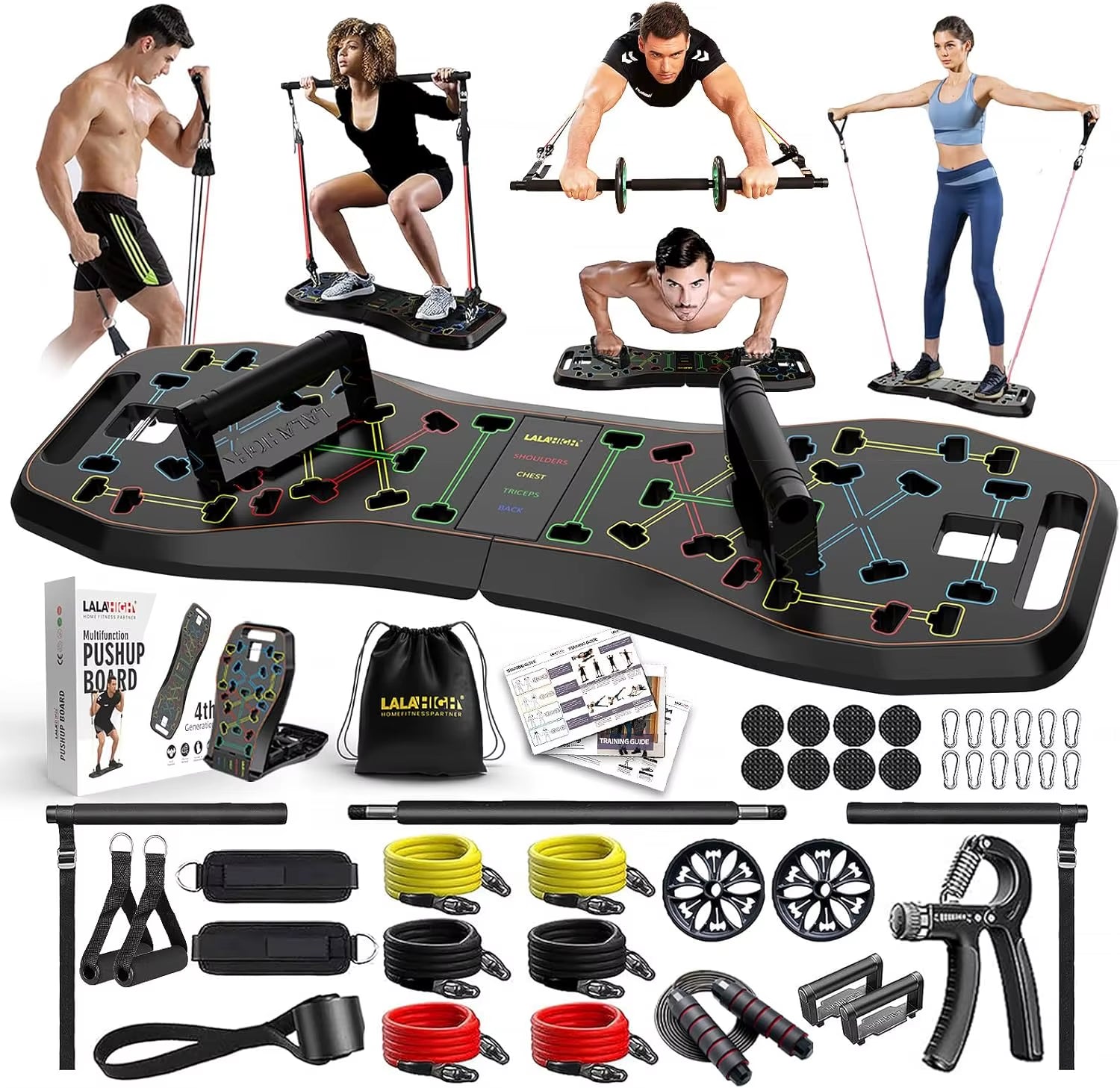 Portable Home Gym System: Large Compact Push up Board, Pilates Bar & 20 Fitness Accessories with Resistance Bands Ab Roller Whee