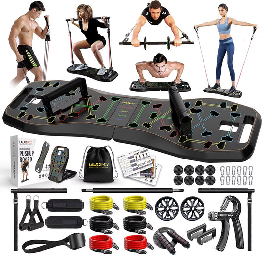 Portable Home Gym System: Large Compact Push up Board, Pilates Bar & 20 Fitness Accessories with Resistance Bands Ab Roller Whee