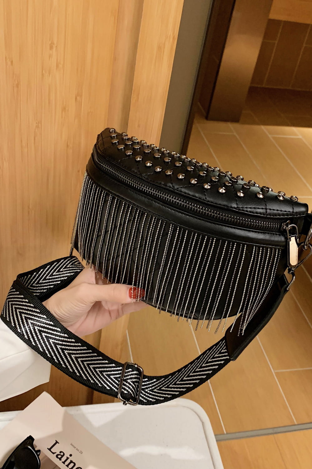 PU Leather Studded Sling Bag with Fringes