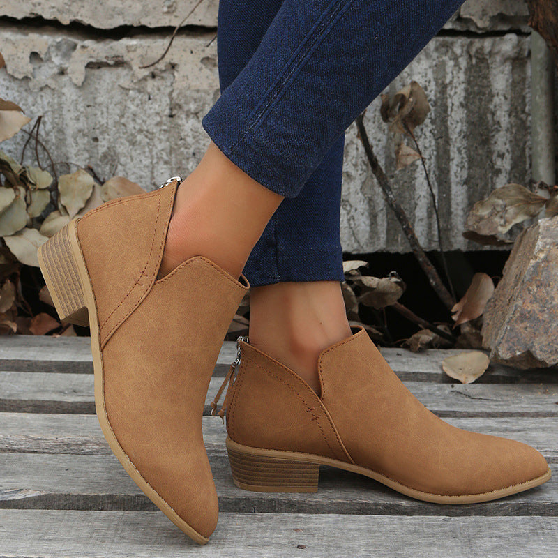 Chunky Heel Abkle Boots For Women V Cutout Shoes