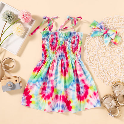 Tie-Dye Smocked Tie-Shoulder Dress