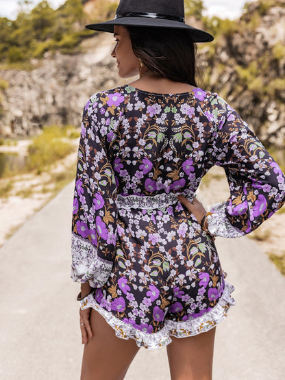 Printed Frill Half Button Balloon Sleeve Romper