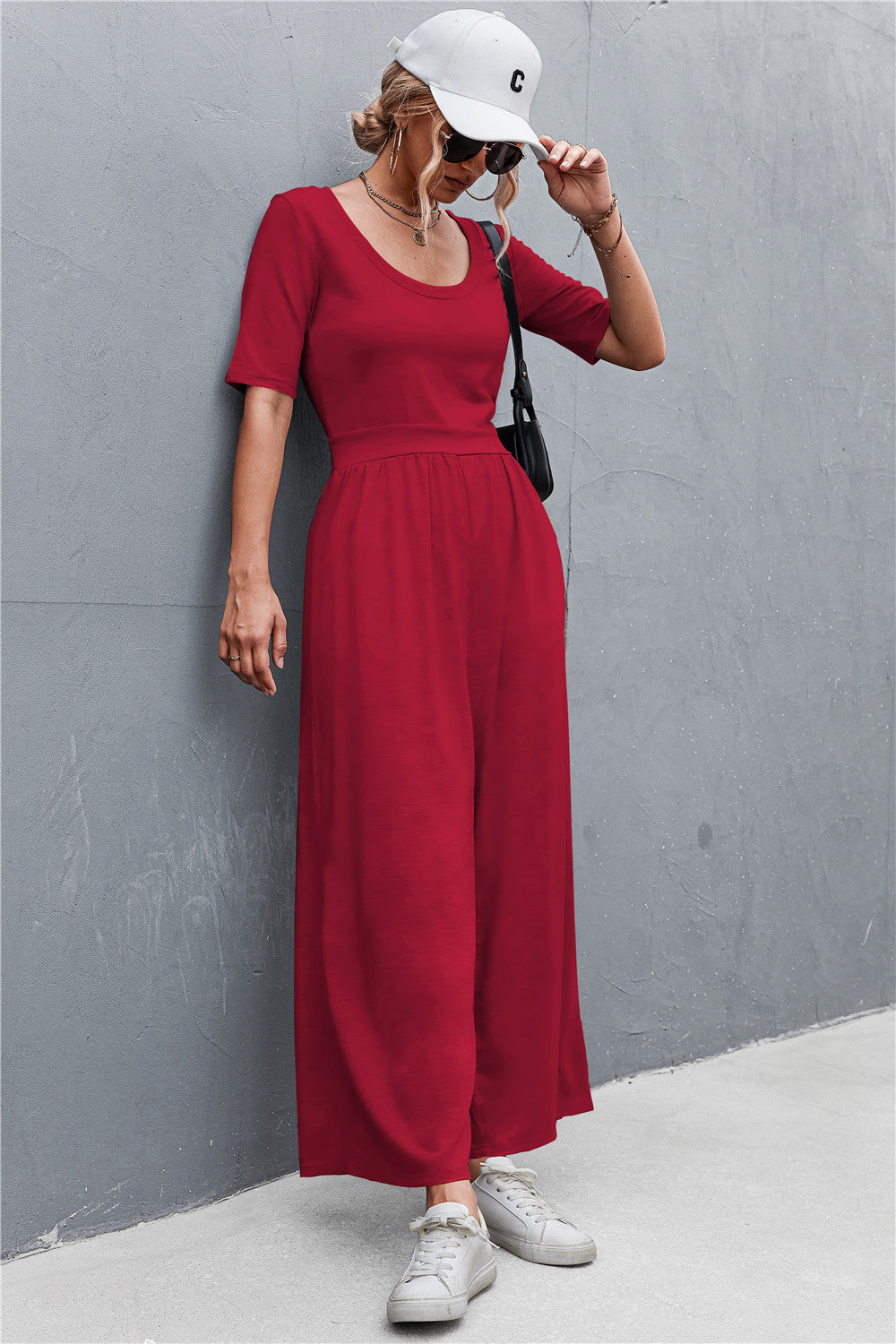 Scoop Neck Half Sleeve Wide Leg Jumpsuit