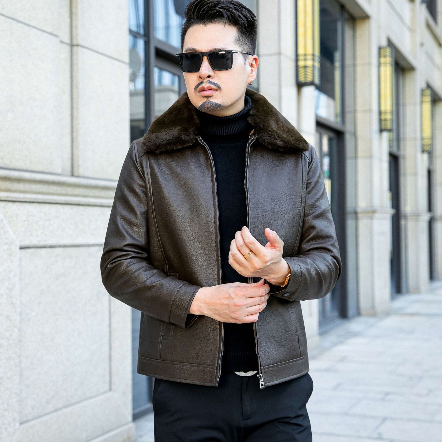 Winter Casual Polo Collar Leather Coat