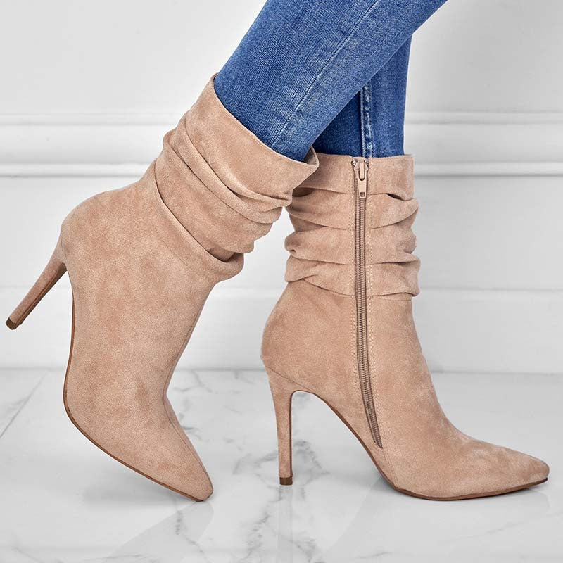 Pointed Toe Stiletto Heel Ankle Boots For Women Side Zipper Shoes