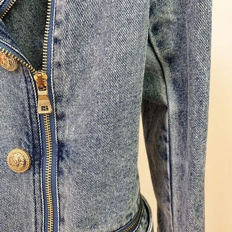 New Locomotive Denim Jacket With Double Row Metal Buckle Washed Denim Jacket