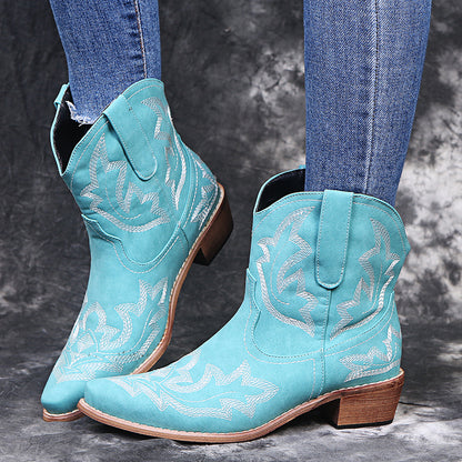 Cowboy Boots Women Embroidery Wedge Heel Shoes Western Cowgirl Boots