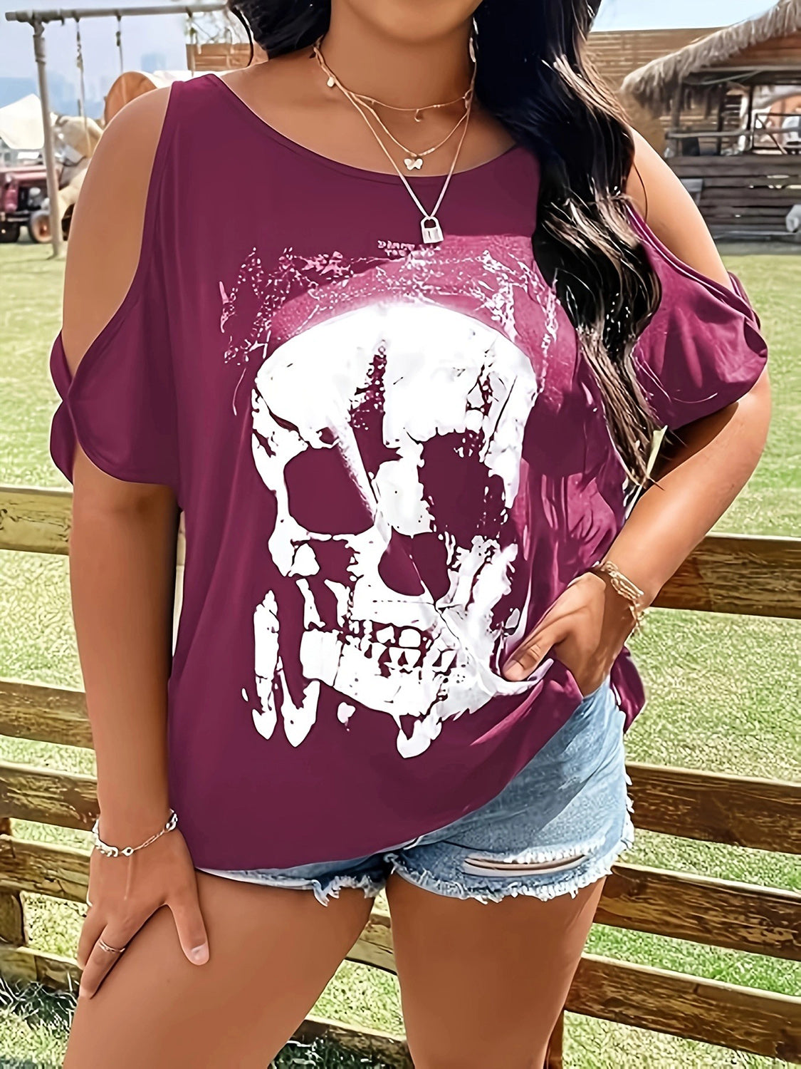 Plus Size Skeleton Graphic Round Neck Cold Shoulder T-Shirt