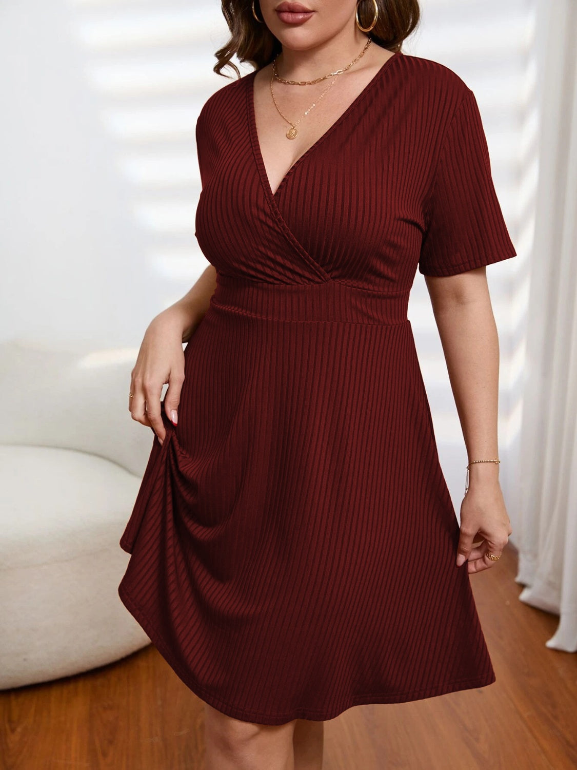 Plus Size Surplice Short Sleeve Mini Dress