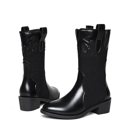 Black White Cowboy Boots Women Low Heel Mid Calf Shoes