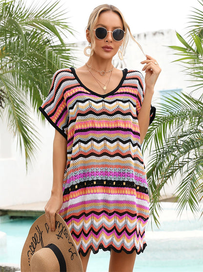 Rainbow Stripe Scalloped V-Neck Cover-Up Dress