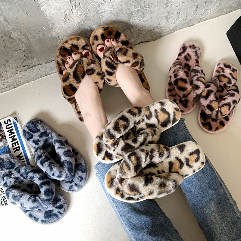 New Leopard Cross Fluffy Slippers Women's Home Indoor Fashion Plush Cotton Slippers Flip-flops Women
