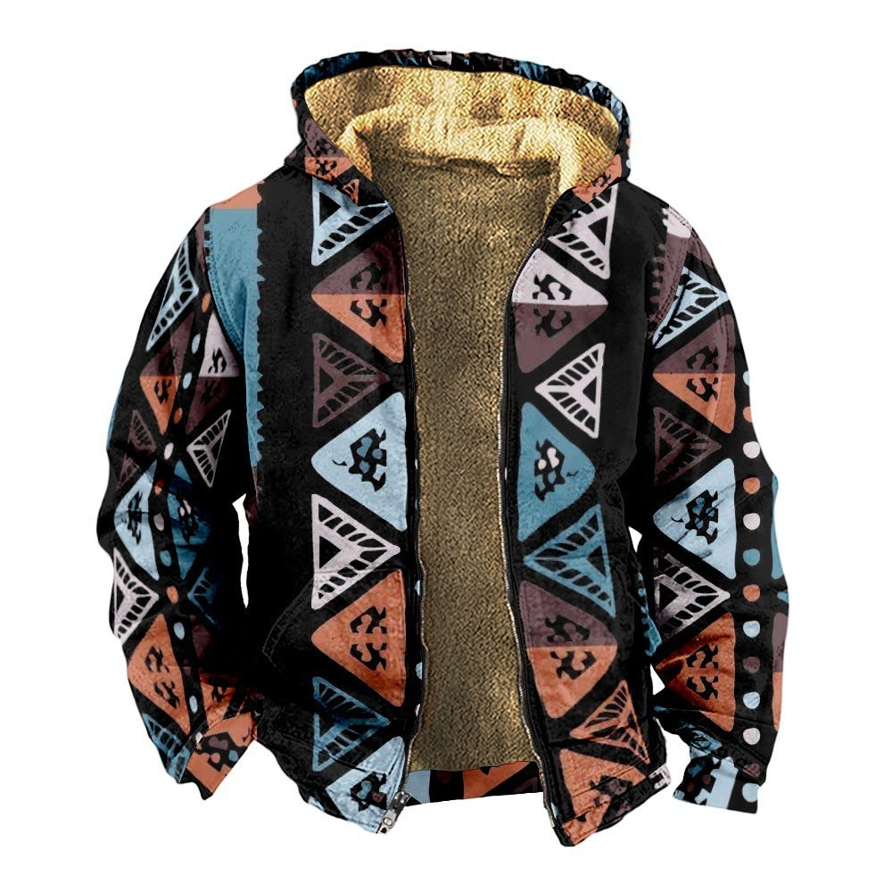 Retro Coconut Tree Element 3D Digital Printing Casual Loose-fitting Hoodie Zipped Cotton-padded Jacket Coat