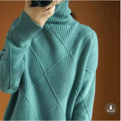 Women's Turtleneck Three-dimensional Rhombus Sweater