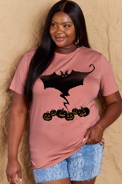 Simply Love Full Size Bat & Pumpkin Graphic Cotton T-Shirt