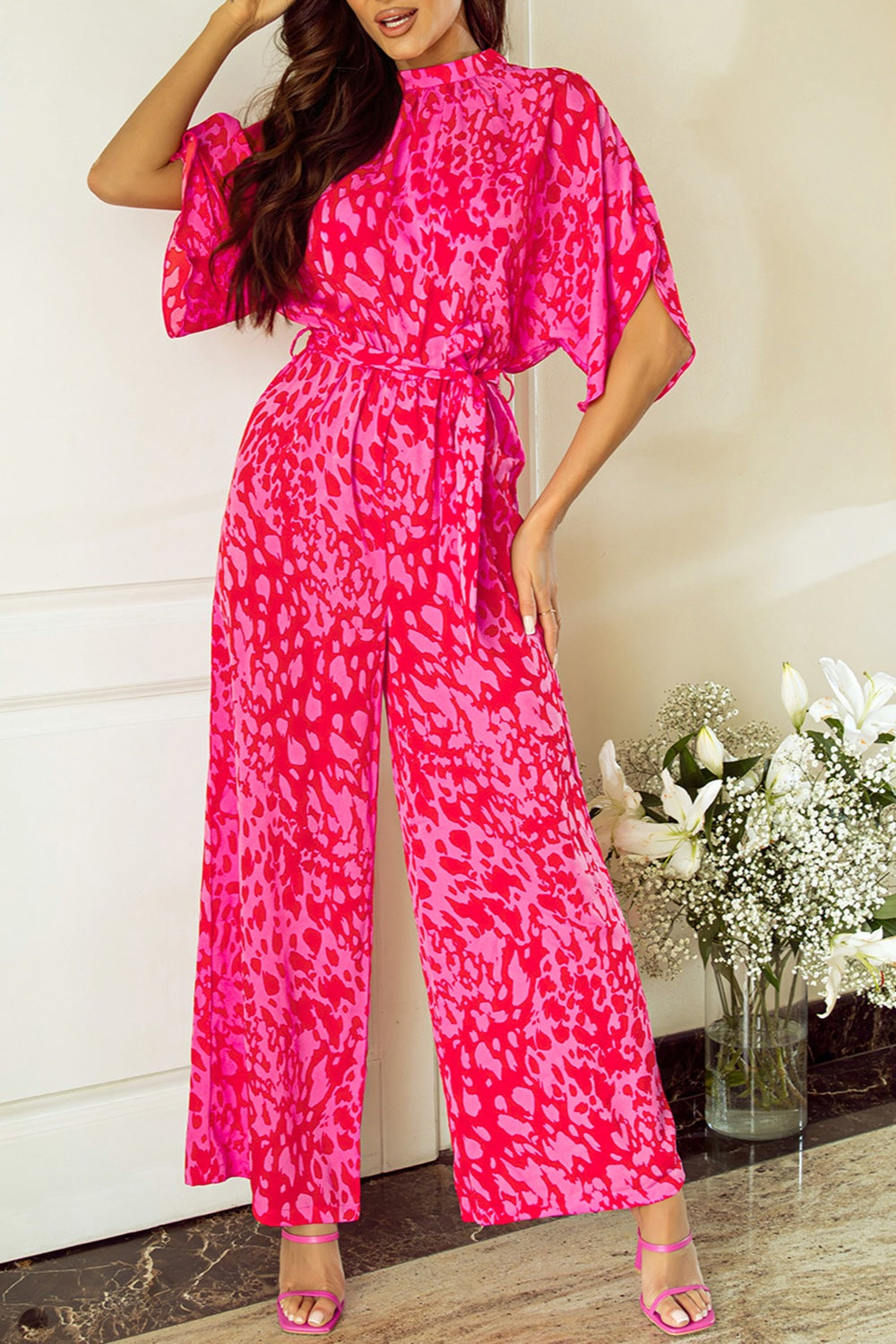 Printed Mock Neck Kimono Sleeve Jumpsuit