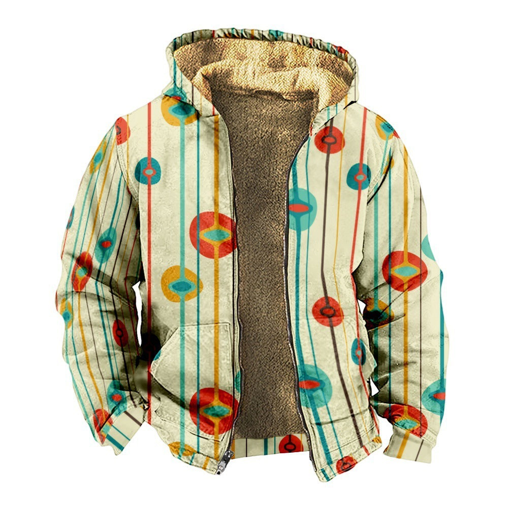 Retro Coconut Tree Element 3D Digital Printing Casual Loose-fitting Hoodie Zipped Cotton-padded Jacket Coat