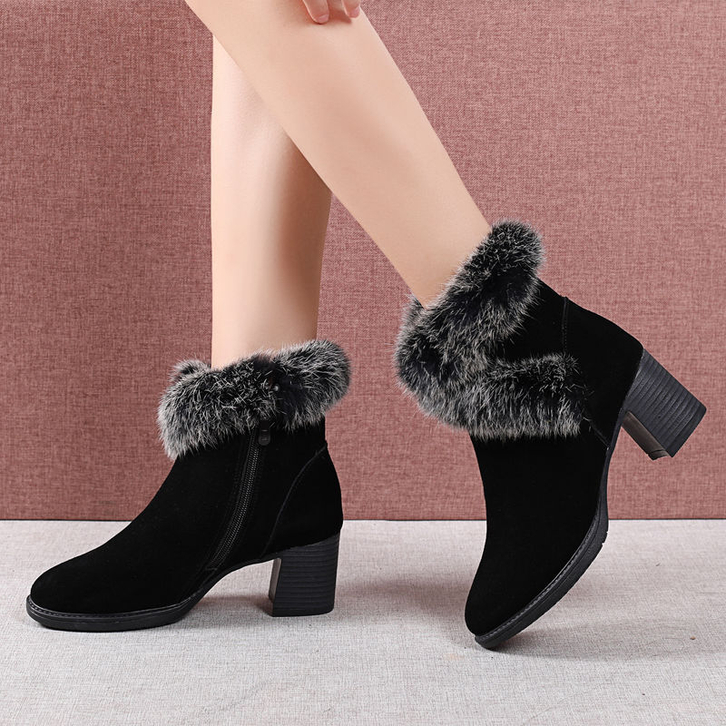 Rabbit Fur Snow Boots Women Cotton Shoes Mid Heel Plus Velvet Thick Warm