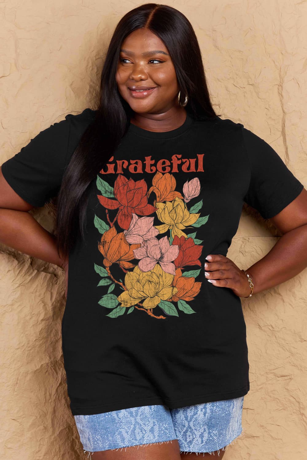 Simply Love Full Size GRATEFUL Flower Graphic Cotton T-Shirt