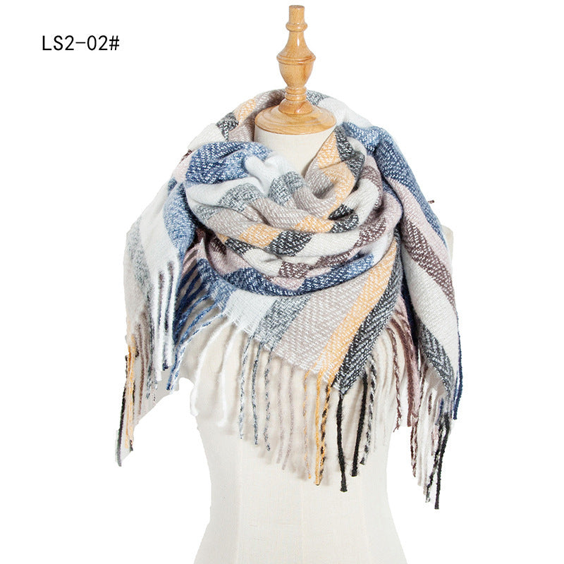 Yarn Stripe Grid Polyester Long Fringed Bristles Square Scarf Women Men's Bib Shawl