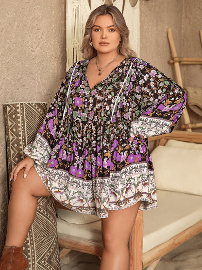 Plus Size Printed Tie Neck Mini Dress