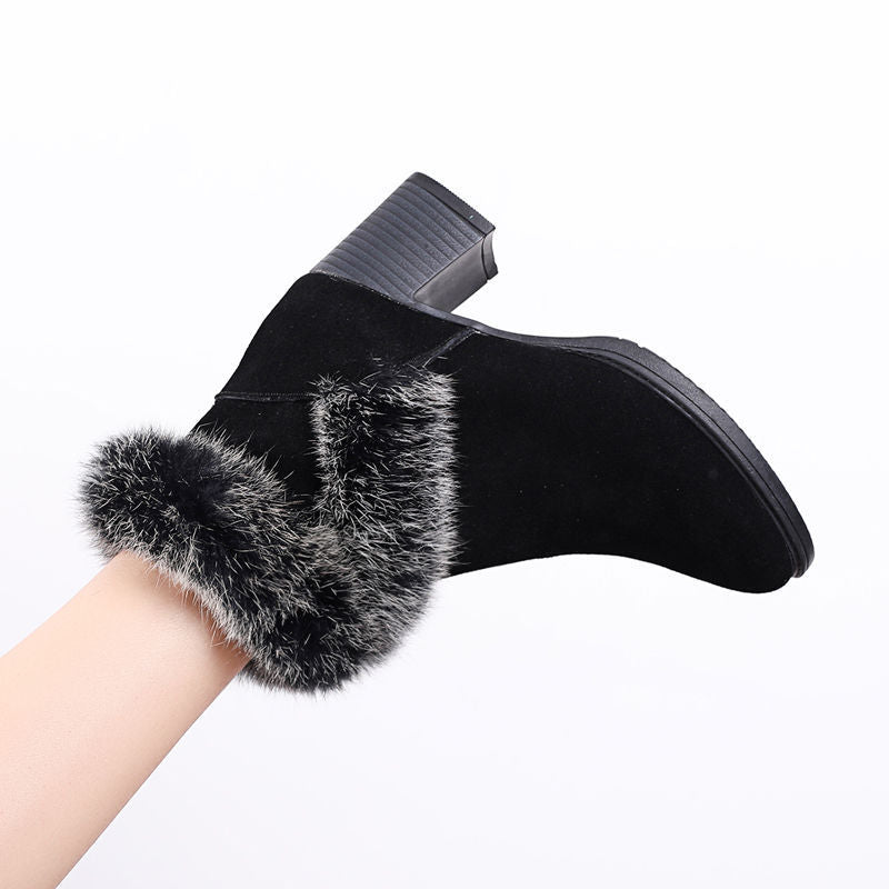 Rabbit Fur Snow Boots Women Cotton Shoes Mid Heel Plus Velvet Thick Warm