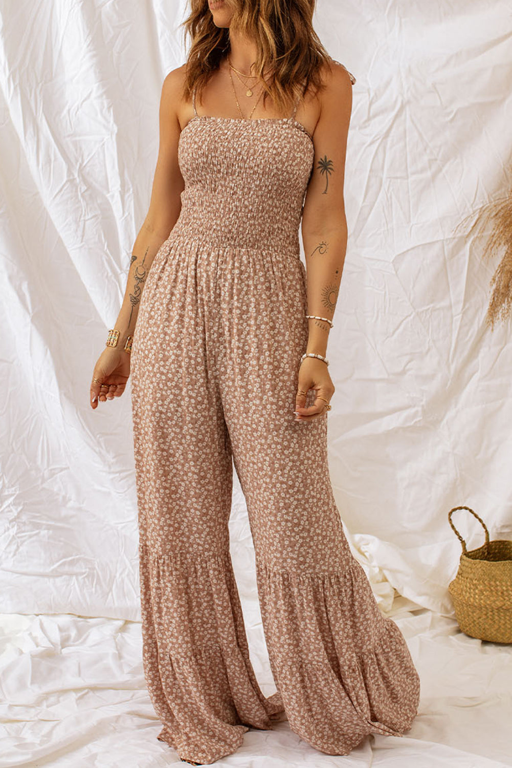 Floral Spaghetti Strap Smocked Wide Leg Jumpsuit