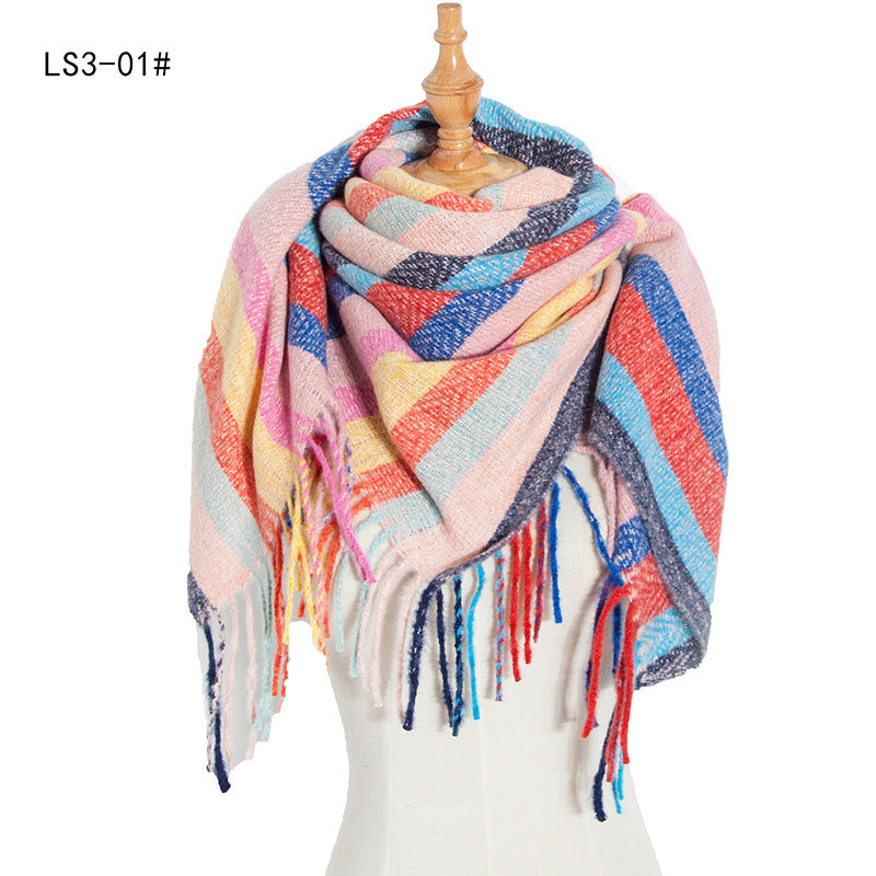 Yarn Stripe Grid Polyester Long Fringed Bristles Square Scarf Women Men's Bib Shawl