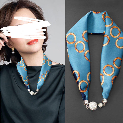 Magnetic Buckle Silk Women Scarf Pearl Necklace