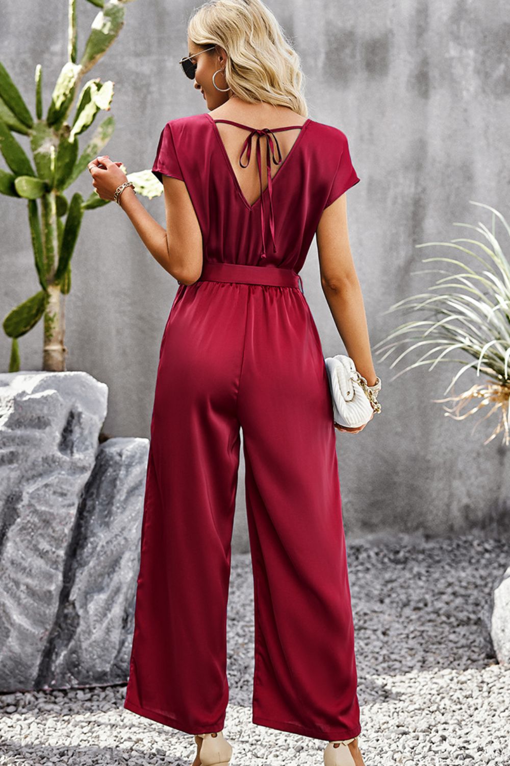 Tie Belt V-Neck Short Sleeve Jumpsuit