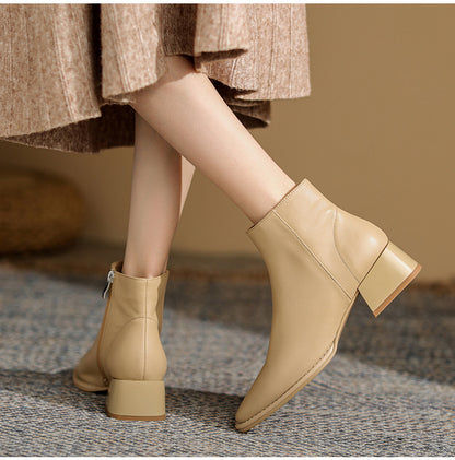 Simple All-match Soft Cowhide Boots Autumn And Winter New Thick Mid Heel Round Toe Brown Ankle Boots For Women