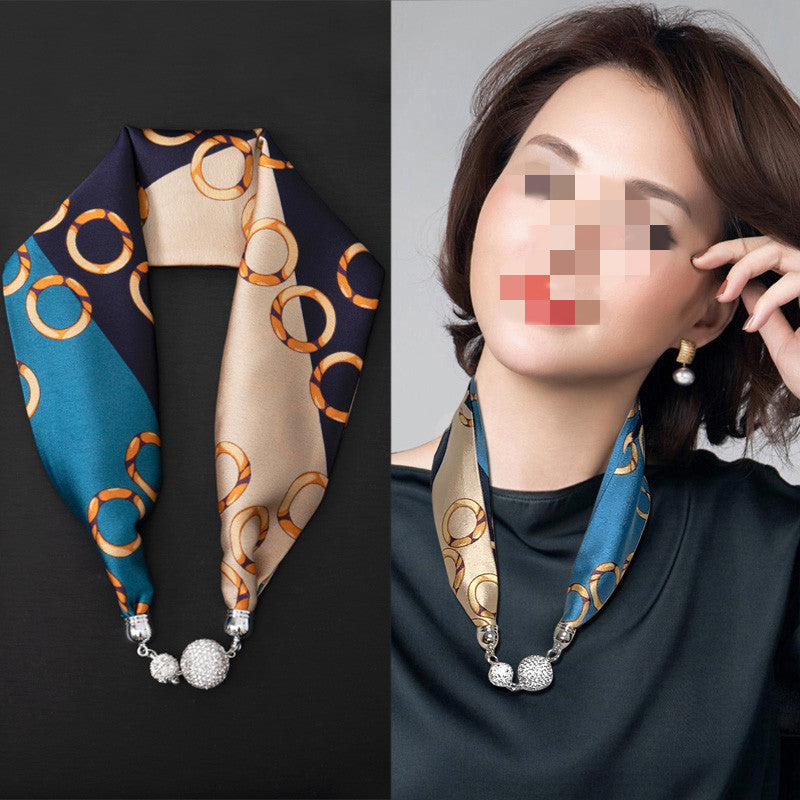 Magnetic Buckle Silk Women Scarf Pearl Necklace