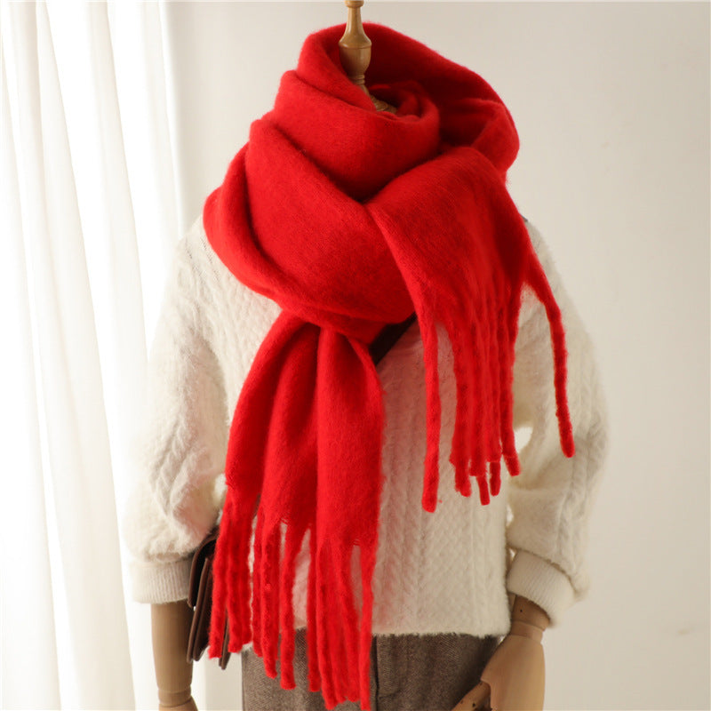 Solid Color Versatile Winter Warm Extended Tassel Scarf