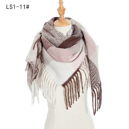 Yarn Stripe Grid Polyester Long Fringed Bristles Square Scarf Women Men's Bib Shawl