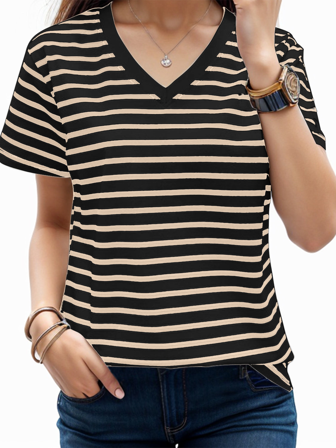 Plus Size Striped V-Neck Short Sleeve T-Shirt