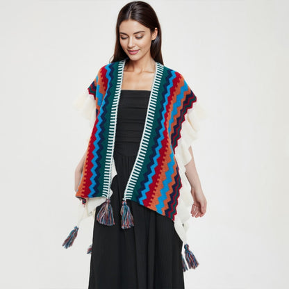 Striped Ruffle Trim Tassel Shawl