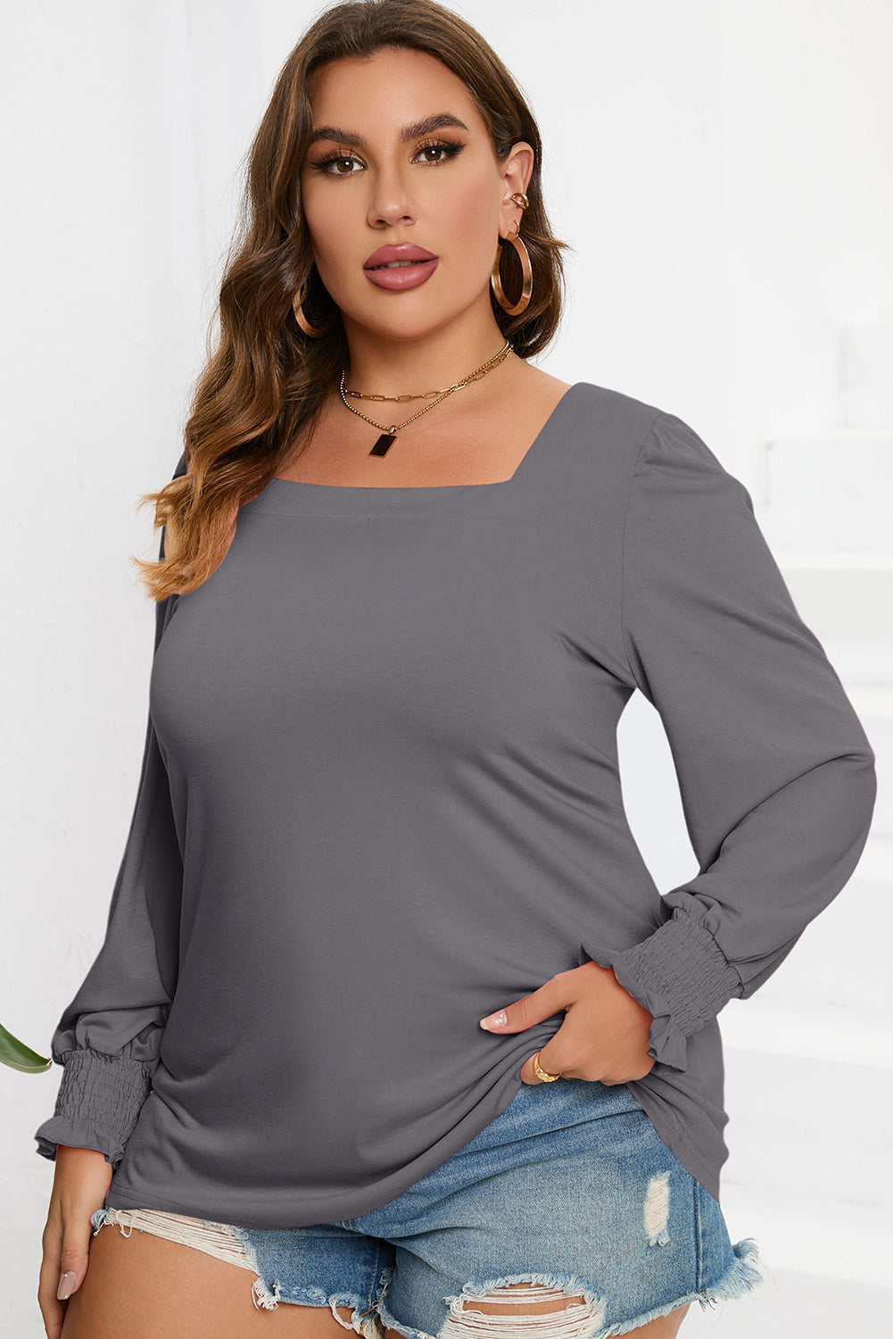 Plus Size Square Neck Lantern Sleeve T-Shirt