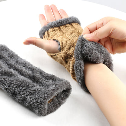 Winter Plush Gloves Twist Knitted Fingerless Fleece Gloves Women Warm Thickened Woolen Gloves