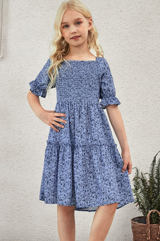 Girls Printed Smocked Flounce Sleeve Dress