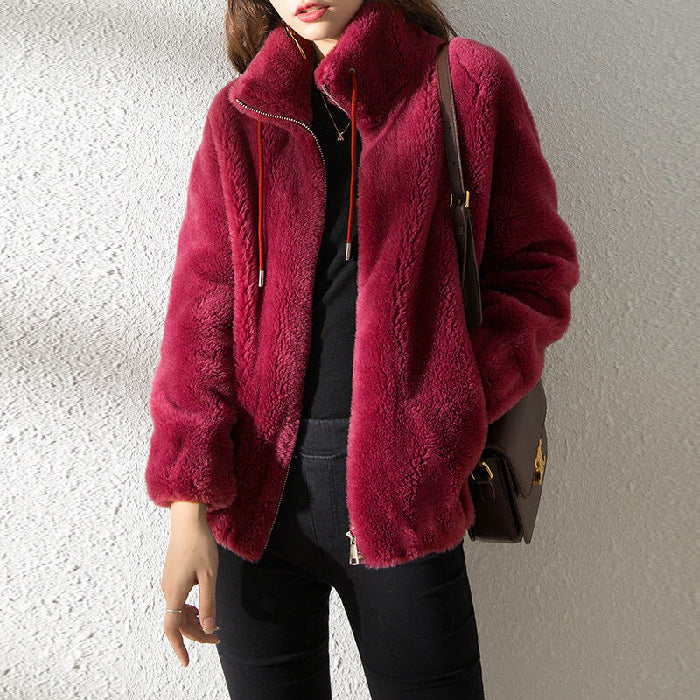 Double Faced Fleece Warm High Neck Sweater Women Cardigan